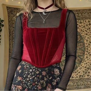 Small Red Velvet Corset Whimsigoth DarkFairy Feminine Romantic Vamp Bustier Luxe